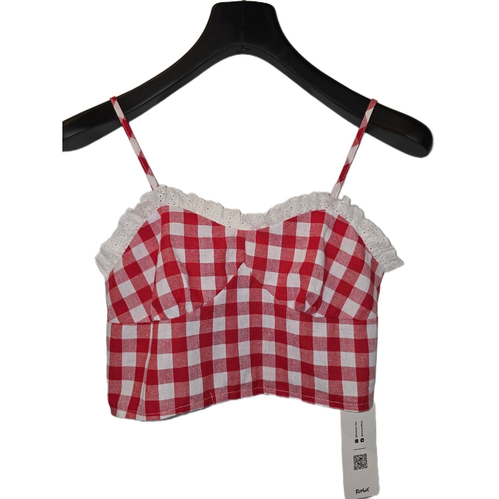 Romwe Red Gingham Crop Top Eyelet Lace Trim‎ Smocked Back Spaghetti Strap Summer